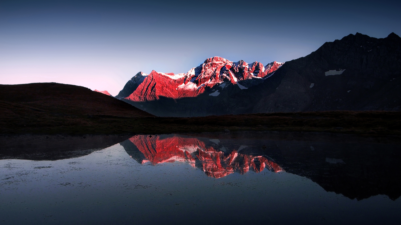 mountain, red, lake, snow, light and darkness