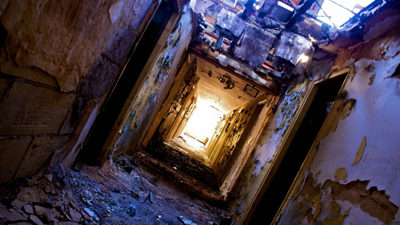 fallen roof, ruin , halls, doors, light at the end of the tunnel, dirt, heater, peeling walls