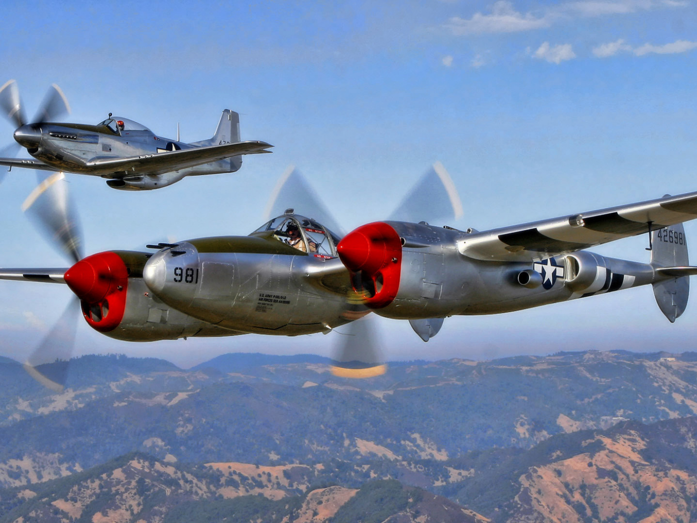 ww2, p-51, north american, небо, mustang, lighting, p-38g, истребитель, полет