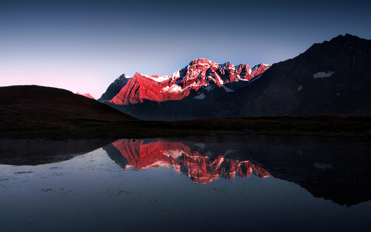 mountain, red, lake, snow, light and darkness