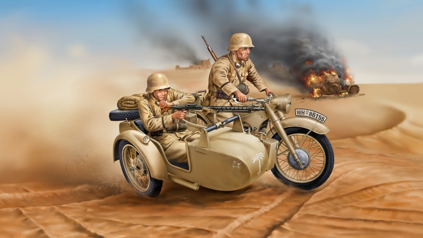 песок, немецкие, оружие, мотоцикл, дым, арт, солдаты