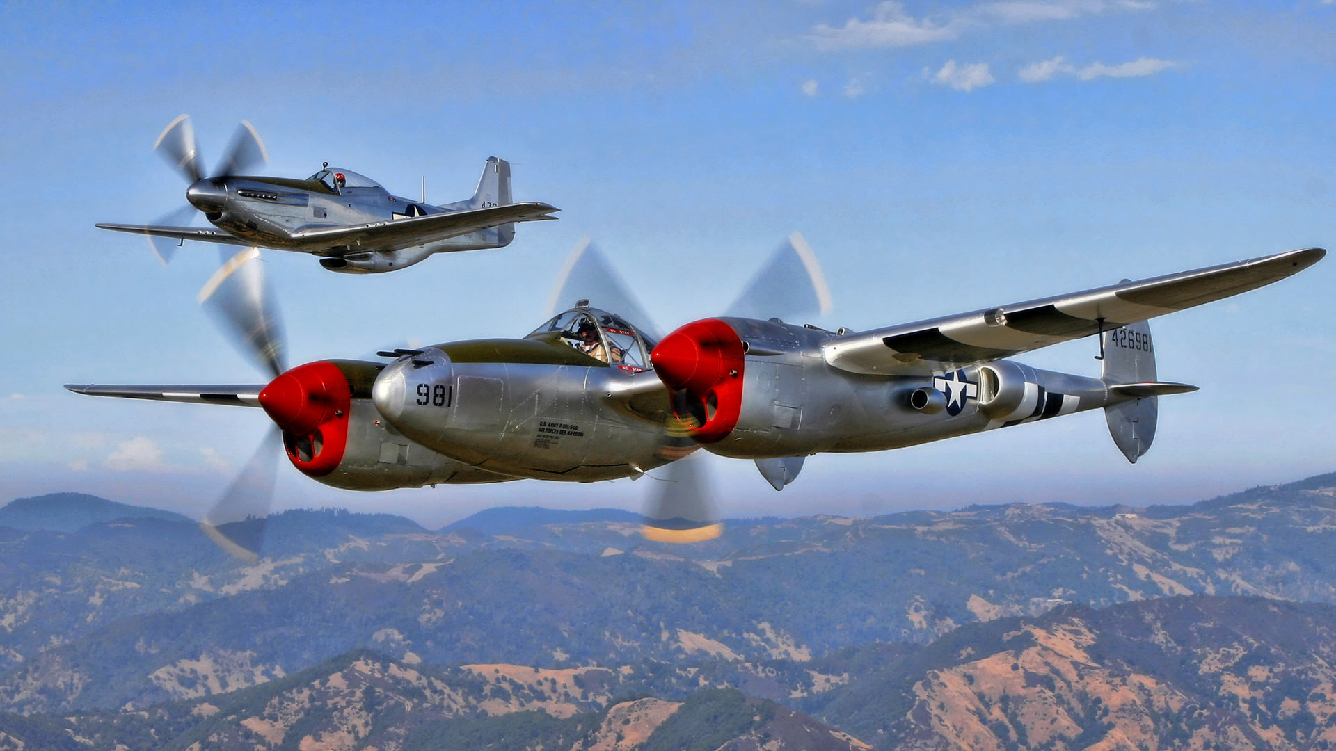 ww2, p-51, north american, небо, mustang, lighting, p-38g, истребитель, полет