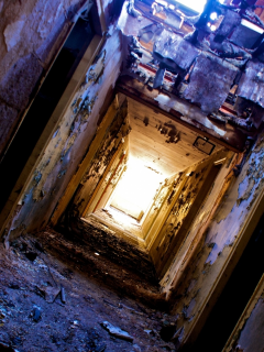 fallen roof, ruin , halls, doors, light at the end of the tunnel, dirt, heater, peeling walls