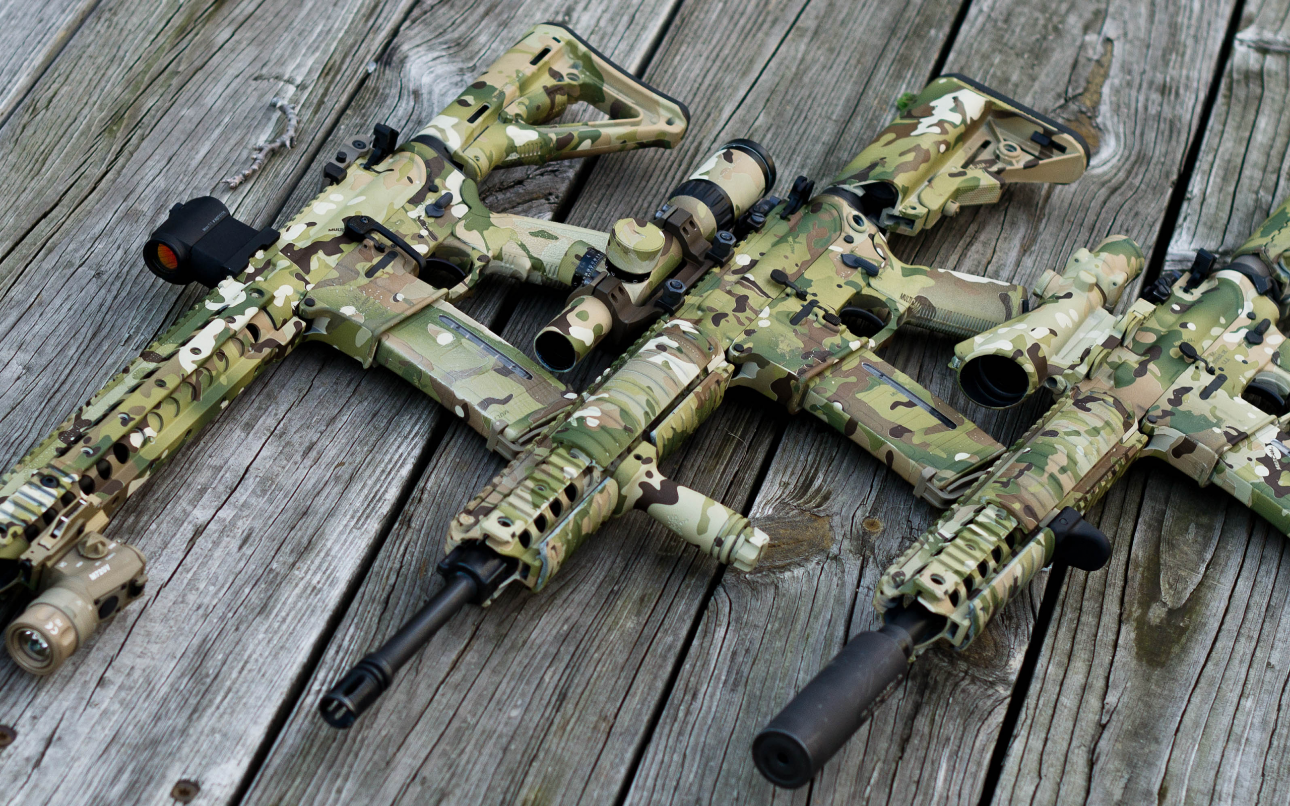 multicam, wood, ar 15, assault rifle, scope