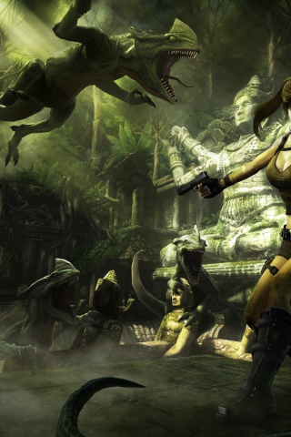 lara croft tomb raider anniversary, fire, ruins, game wallpapers, crocodile, guns, girl