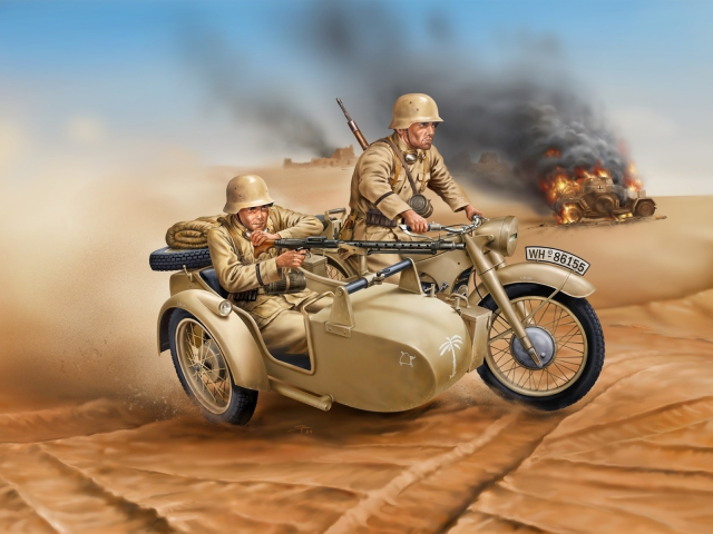 песок, немецкие, оружие, мотоцикл, дым, арт, солдаты