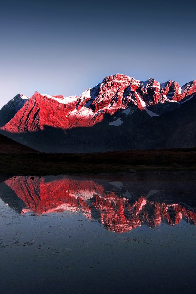 mountain, red, lake, snow, light and darkness