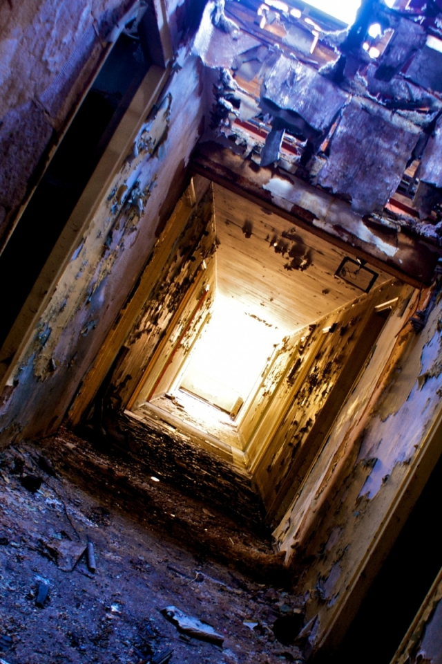 fallen roof, ruin , halls, doors, light at the end of the tunnel, dirt, heater, peeling walls