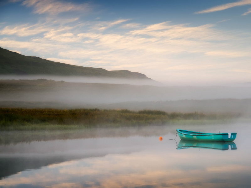 лодка, пейзаж, утро, туман, озеро