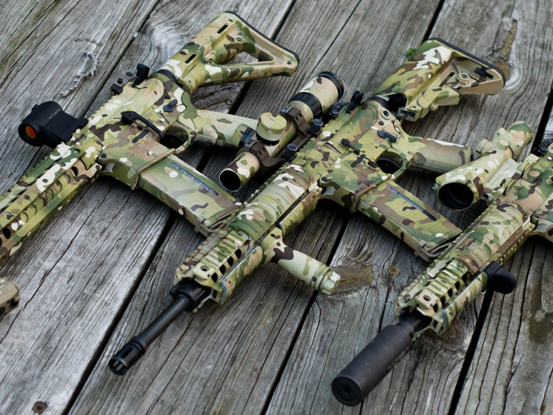 multicam, wood, ar 15, assault rifle, scope