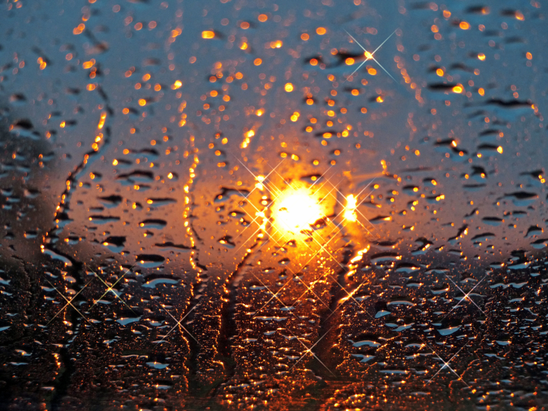 стекло, капли, солнце, дождь, закат