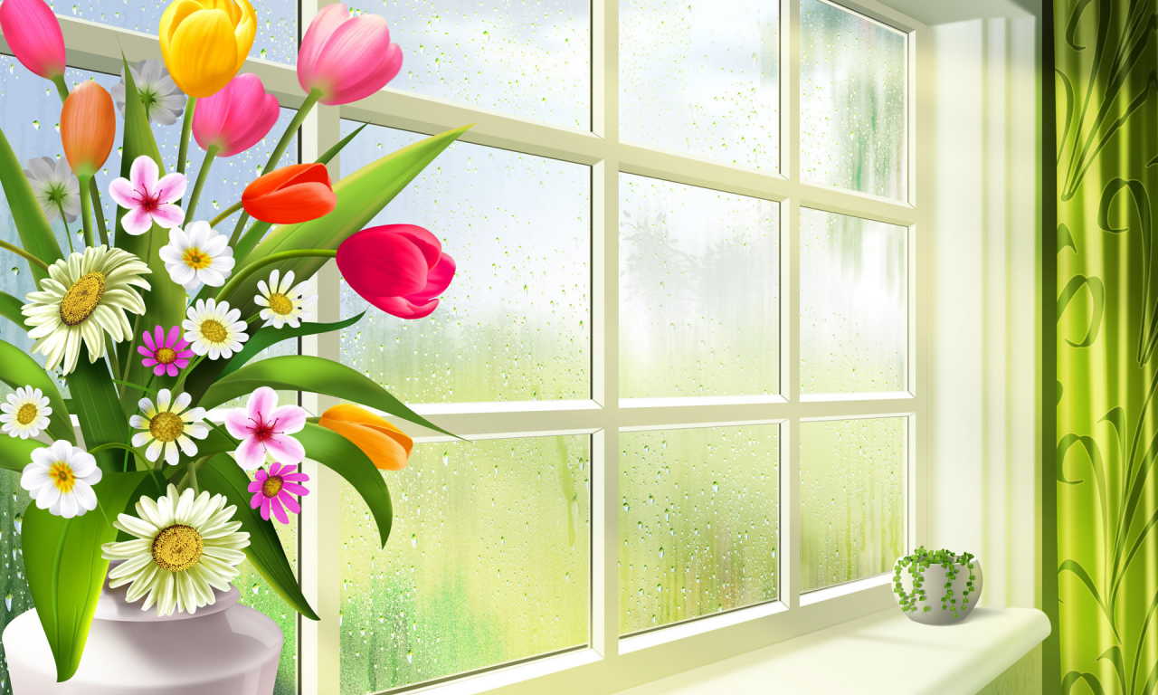 окно, арт, цветы, букет