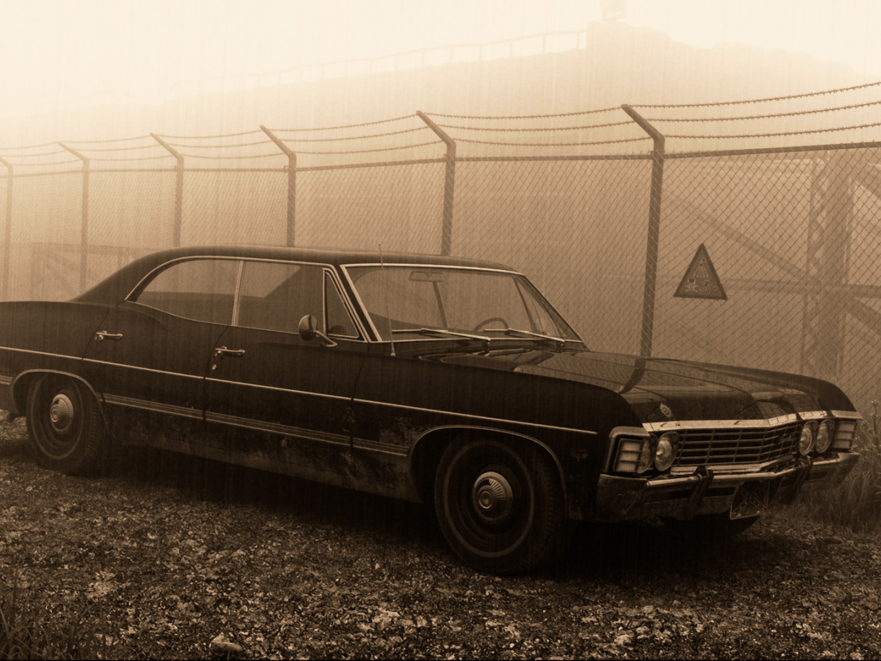 supernatural, сhevrolet impala, знак, sedan, пешотка, забор, hardtop, 1967
