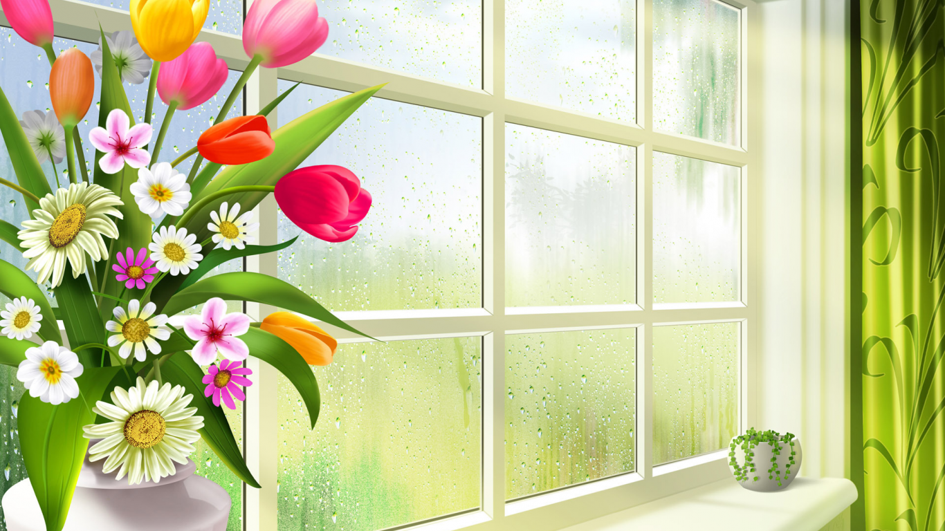 окно, арт, цветы, букет