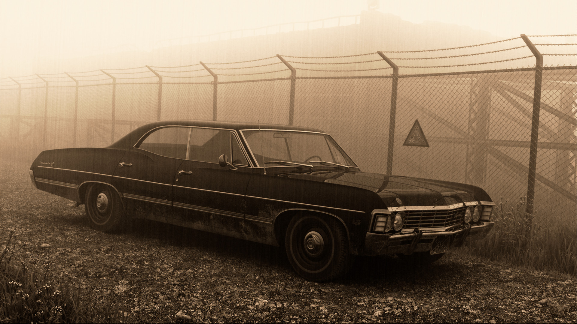 supernatural, сhevrolet impala, знак, sedan, пешотка, забор, hardtop, 1967