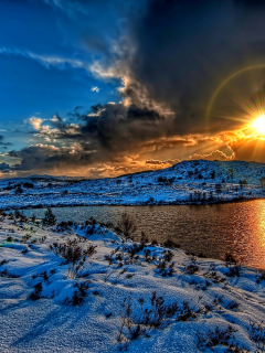 облака, солнце, природа, зима, небо, снег, закат, река
