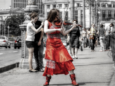 скрипка, музыка, улица, женщина, город