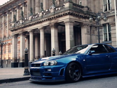 gtr, skyline, r34, nissan skyline gtr r34, синий, постройка, замок, nissan