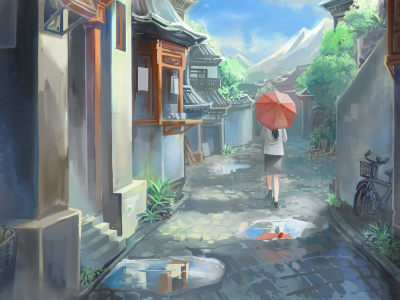 зонт, дома, город, зонтик, лето, streamingsun, рисунок, арт