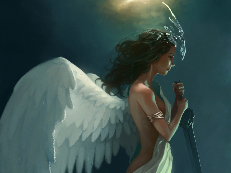  francisco m__ndez , ткань, арт, девушка, нимб, ангел, меч, крылья