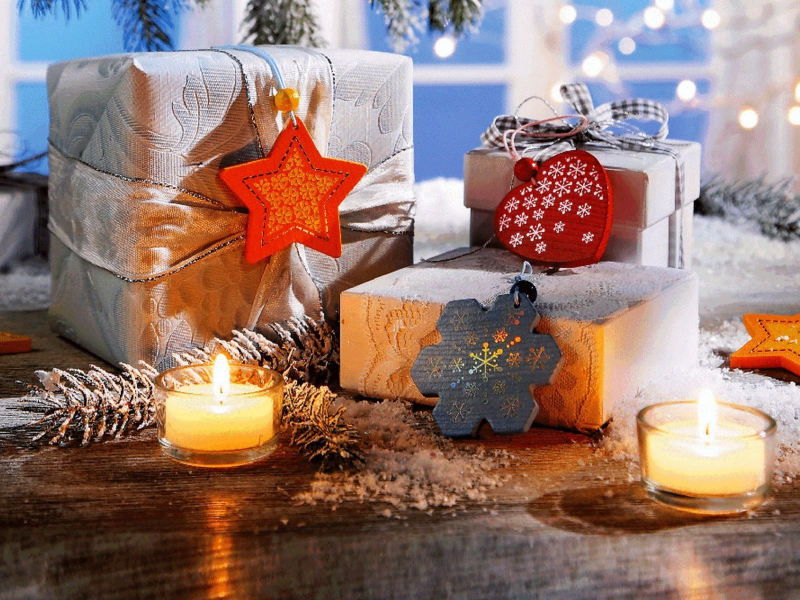 snowflake, рождество, candles, winter, gifts, ribbon, heart, snow, новый год