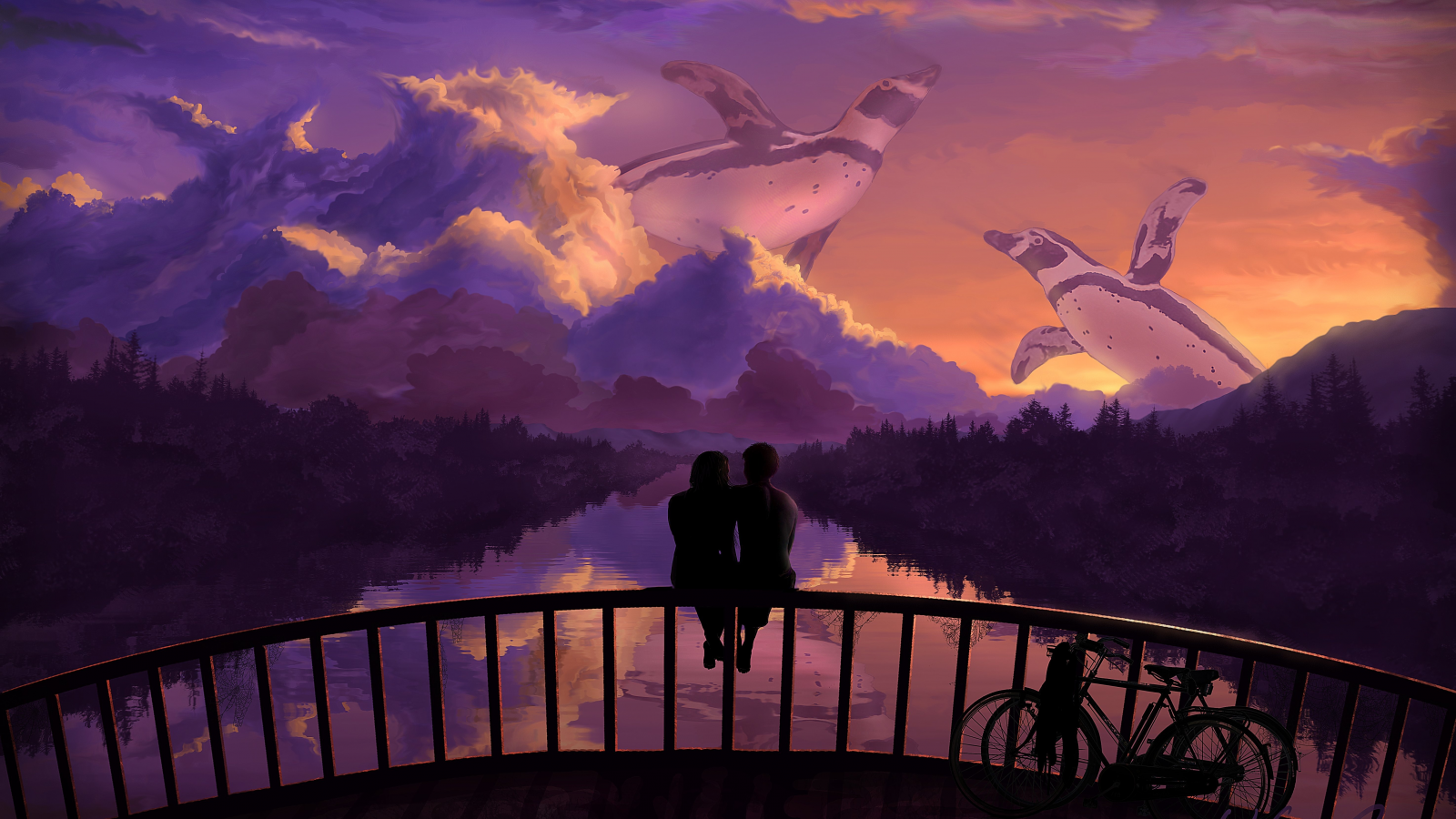 романтика, закат, любовь, арт, пара, велосипед, мост