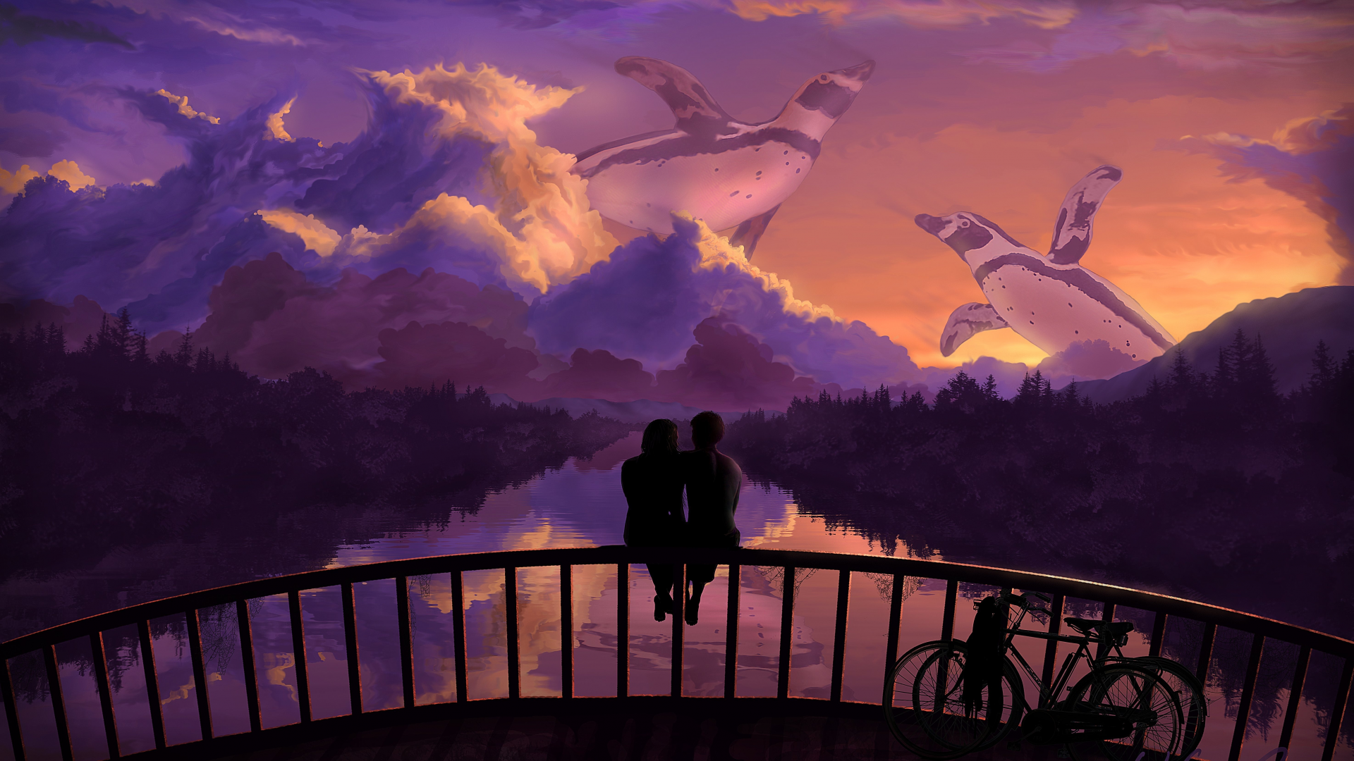романтика, закат, любовь, арт, пара, велосипед, мост