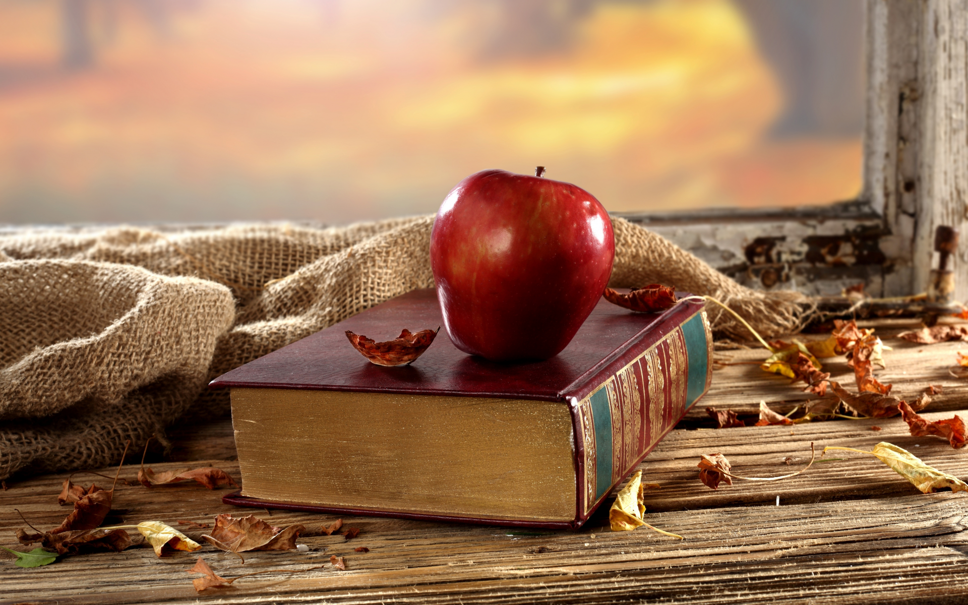 осень, книга, фон, листья, сухие, окно, яблоко, стол