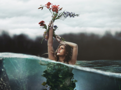 цветы, девушка, вода