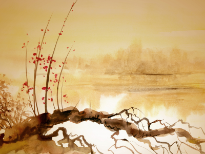 китайская живопись, коряга, река