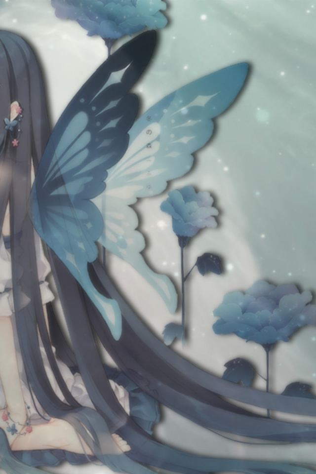 аниме, девушка, фея, крылья, бабочка, голубые глаза, черные волосы, платье, в цветах, пыль