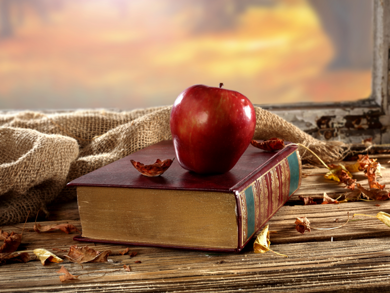 осень, книга, фон, листья, сухие, окно, яблоко, стол