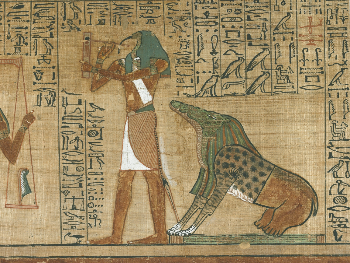 crocodile, tool, blackspot, human form, egyptian symbols, papyrus