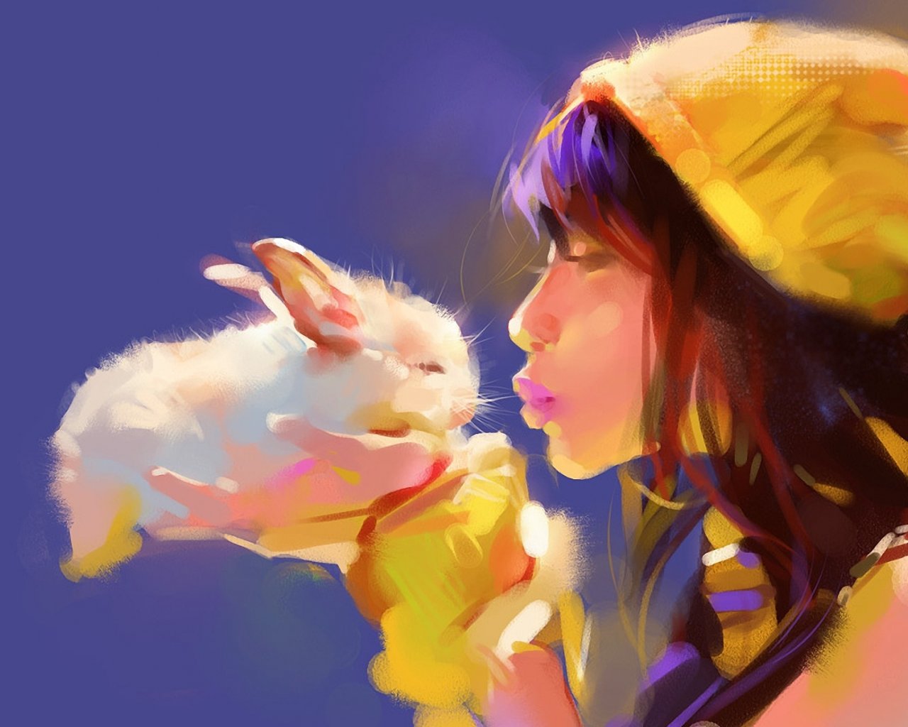 кролик, нежность, девушка, поцелуй