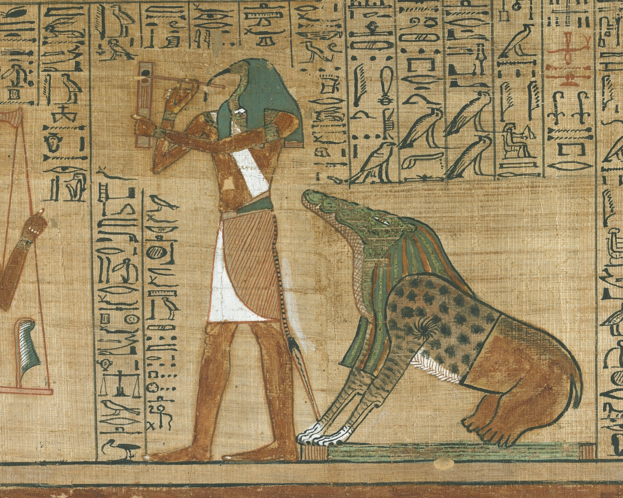 crocodile, tool, blackspot, human form, egyptian symbols, papyrus