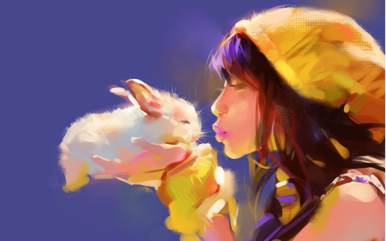 кролик, нежность, девушка, поцелуй