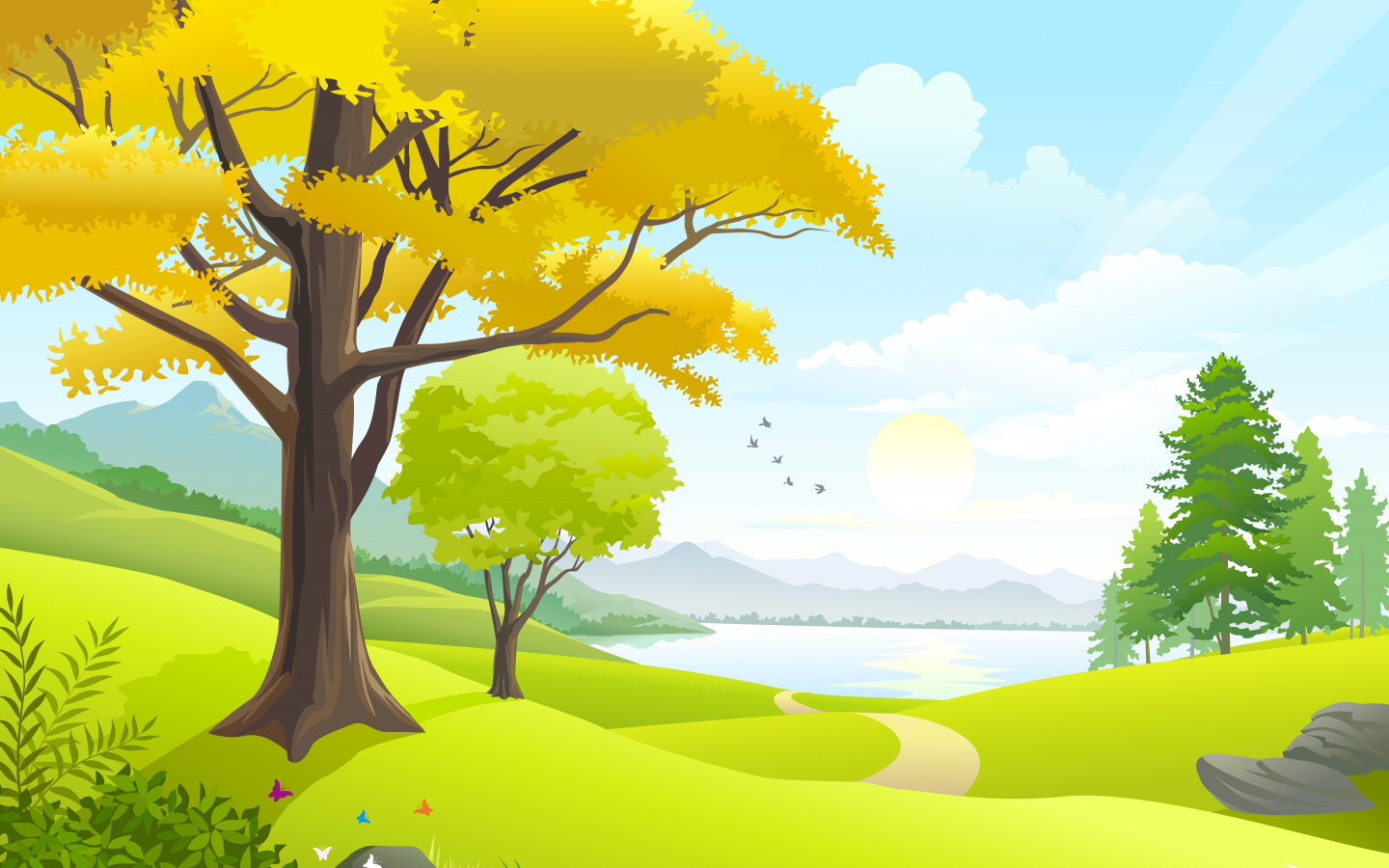 nature, road, sky, birds, trees, lake, vector art, clouds, sun, landscape, grass field