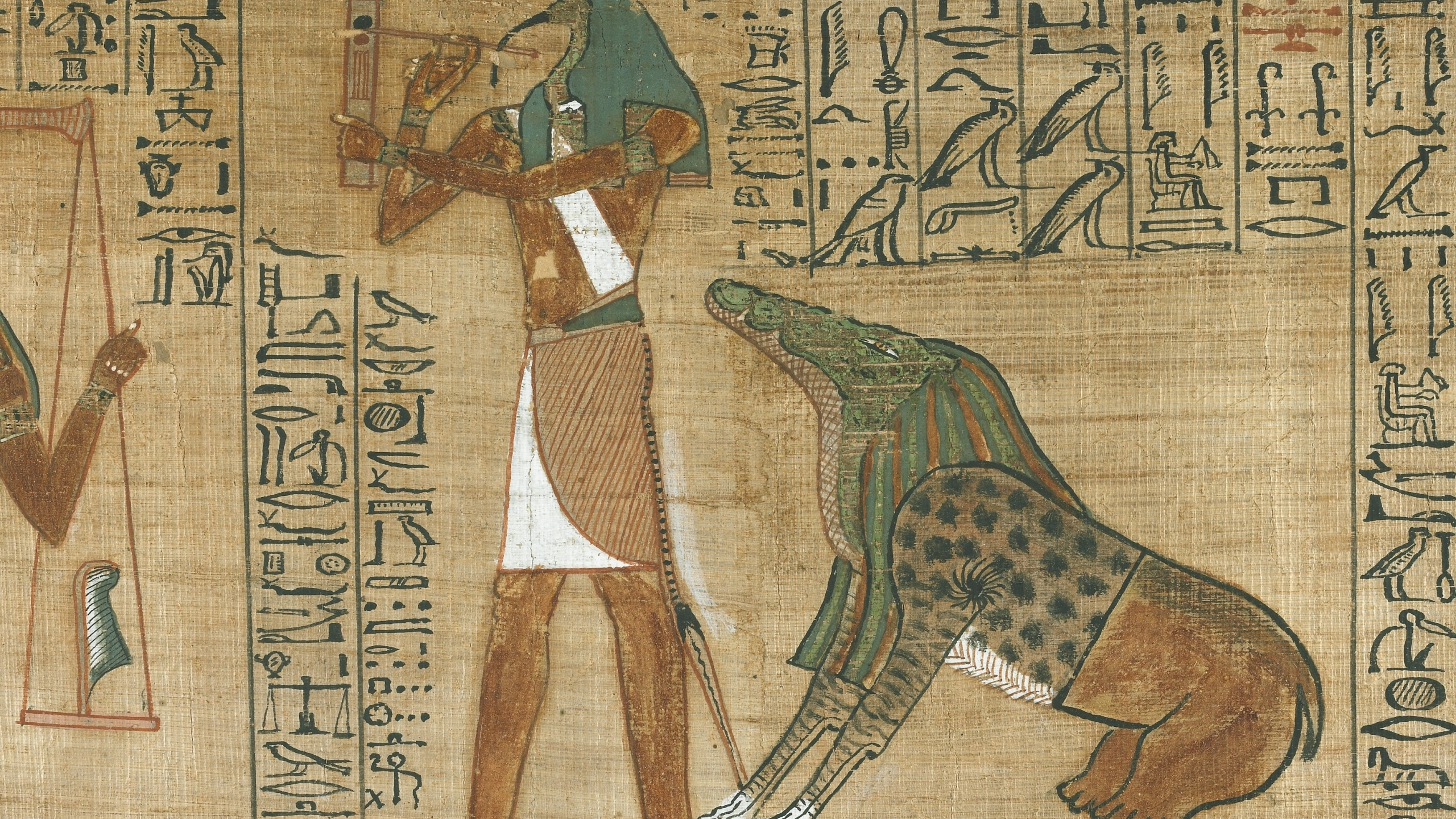 crocodile, tool, blackspot, human form, egyptian symbols, papyrus