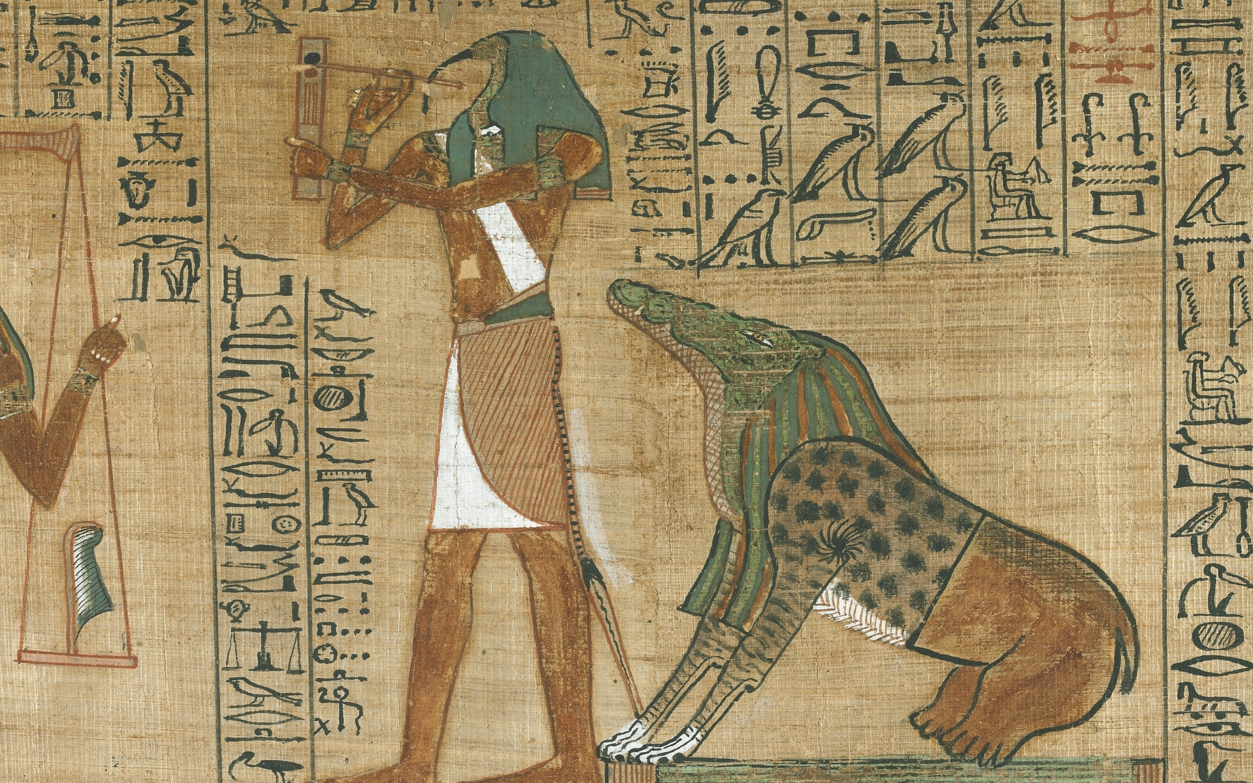 crocodile, tool, blackspot, human form, egyptian symbols, papyrus