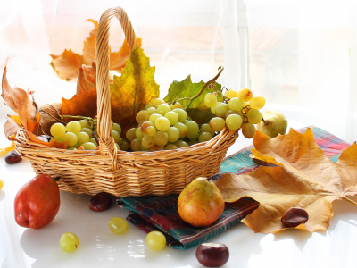 виноград, корзина, листья, груши, фрукты, осень, ягоды