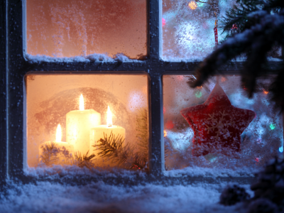 christmas spirit, star, merry christmas, candles, window, new year, snowflake