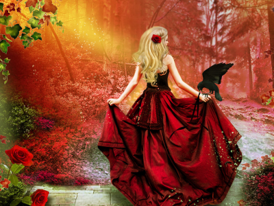 девушка, спина, красное платье, роза, шлейф, арт, корсет