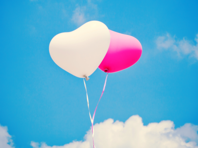 небо, белое, шарики, шары, розовое, сердца, воздушные