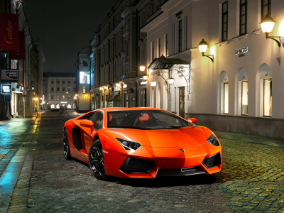 улица, спорткар, оранжевый, lp700-4, lamborghini, aventador, ночь