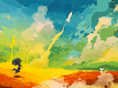облака, рисунок, небо, прыжок, зонт, птица, ракета