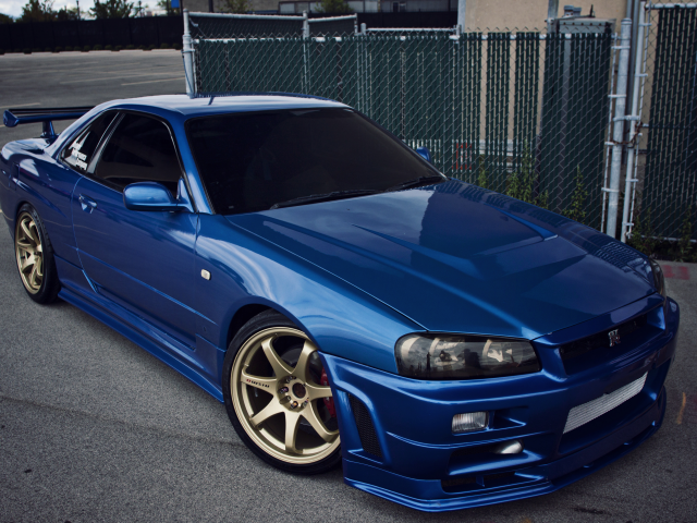 nissan, r34, синий, skyline gtr