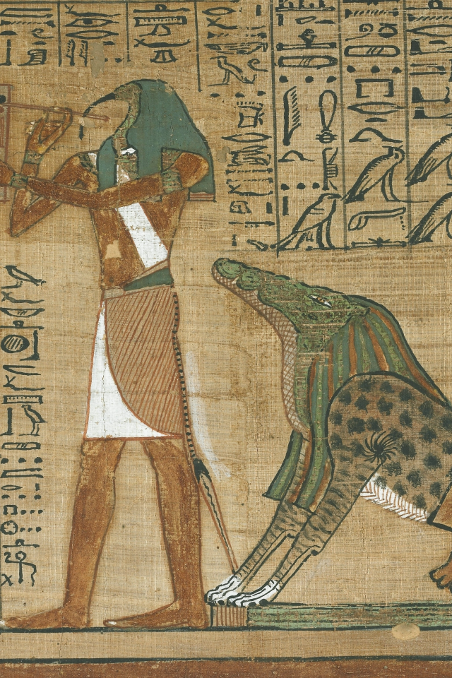 crocodile, tool, blackspot, human form, egyptian symbols, papyrus