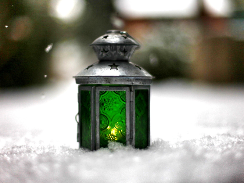 зима, фонарь, свет, снег, зеленый, настроения, огонь