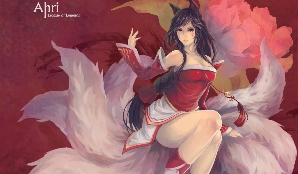 league of legends, девушка, фон, арт, уши, yupi, хвосты, ahri