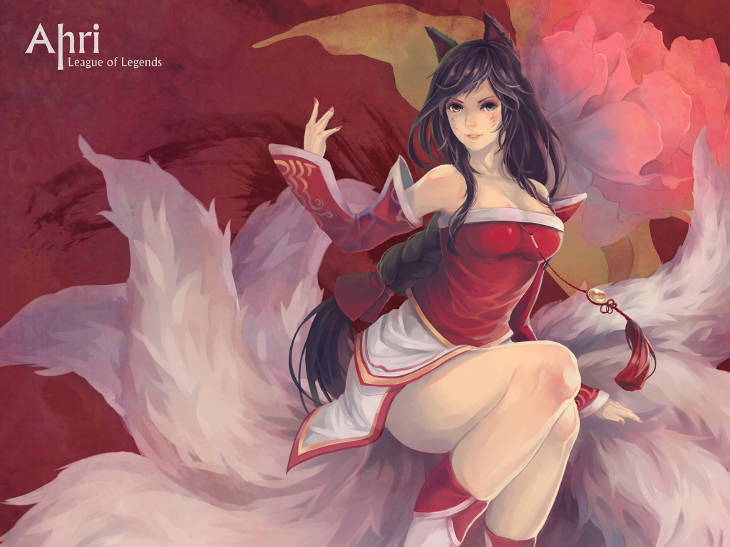 league of legends, девушка, фон, арт, уши, yupi, хвосты, ahri